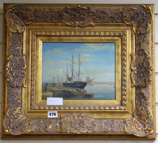 A 19th century style oil of ship in harbour 20 x 24cm.